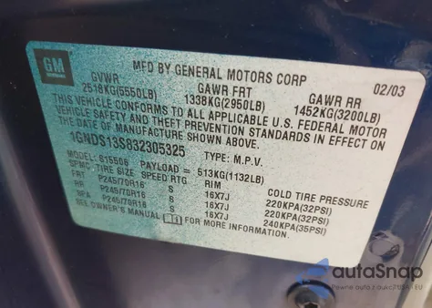 2003 Chevrolet Trailblazer Ls from USA, damaged, VIN 1GNDS13S832305325